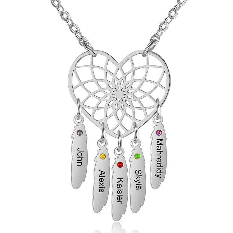 Genealogical Dreamcatcher Necklace 5 Personalized First Name with 5 Birthstone