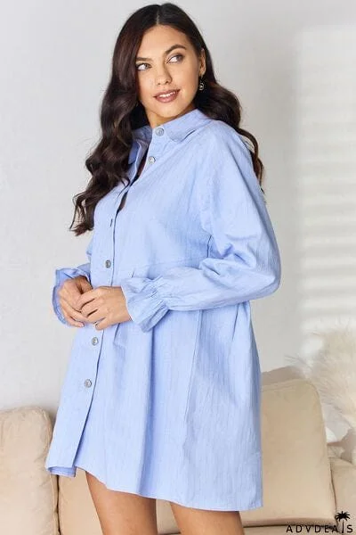 Button Up Collared Neck Flounce Sleeve Denim Dress