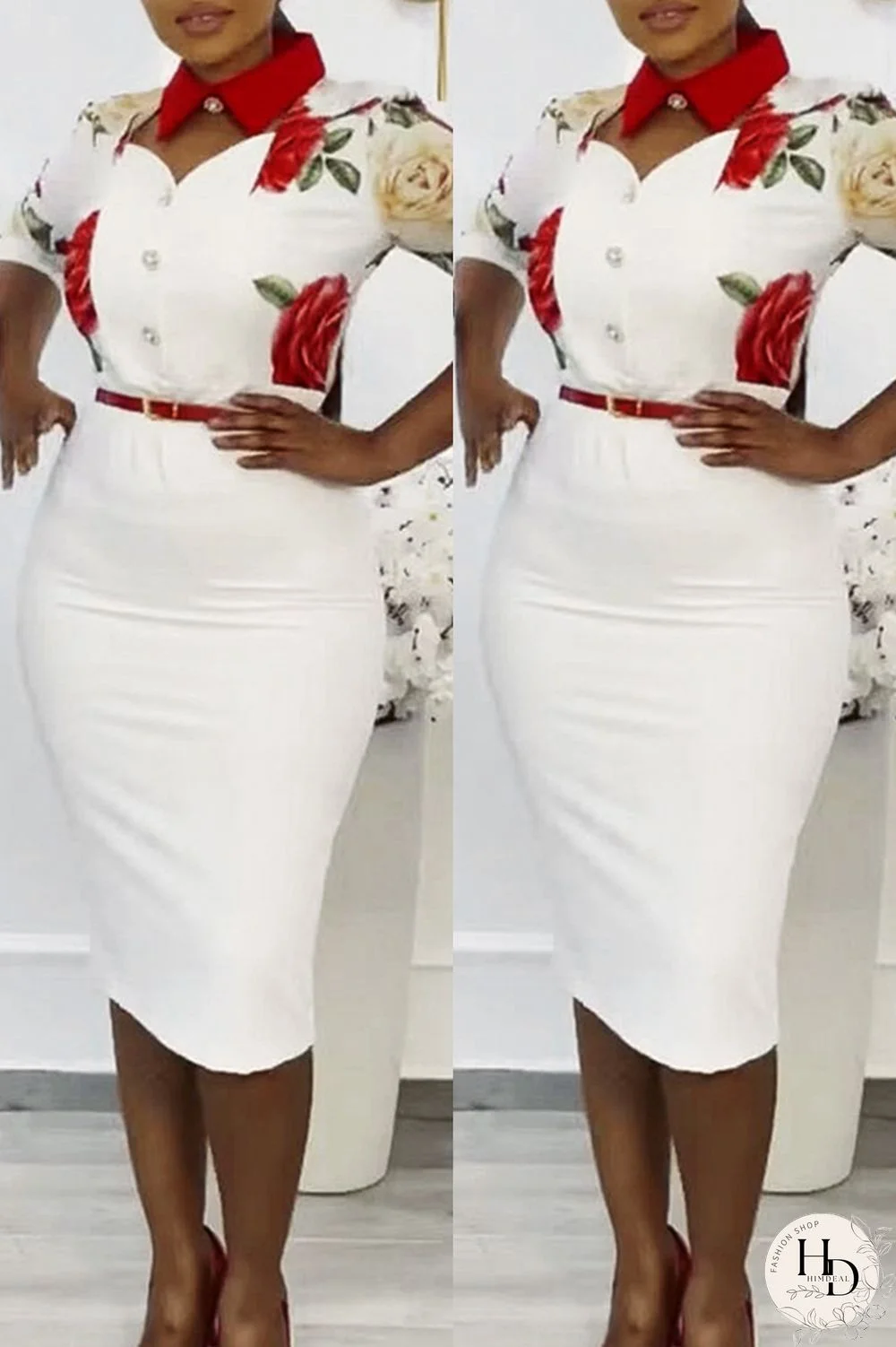 White Fashion Casual Print Hollowed Out Split Joint With Belt Turndown Collar Plus Size Dresses