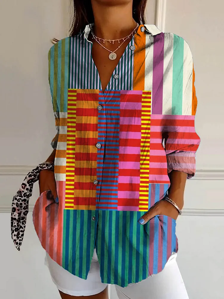 Women's Abstract Geometric Pattern Art Print Casual Cotton Shirt