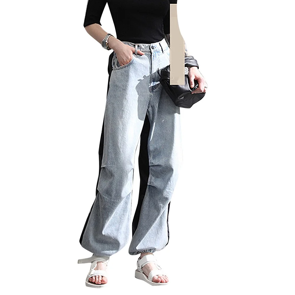 Cartoonh Patchwork Colorblock Straight Jeans For Women High Waist Loose Trousers Female Korean Fashion Clothing Style New