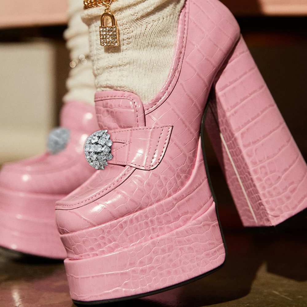 Double-thick High-heeled Shoes Block PU Metal Chain Pump Shoes Nicepairs