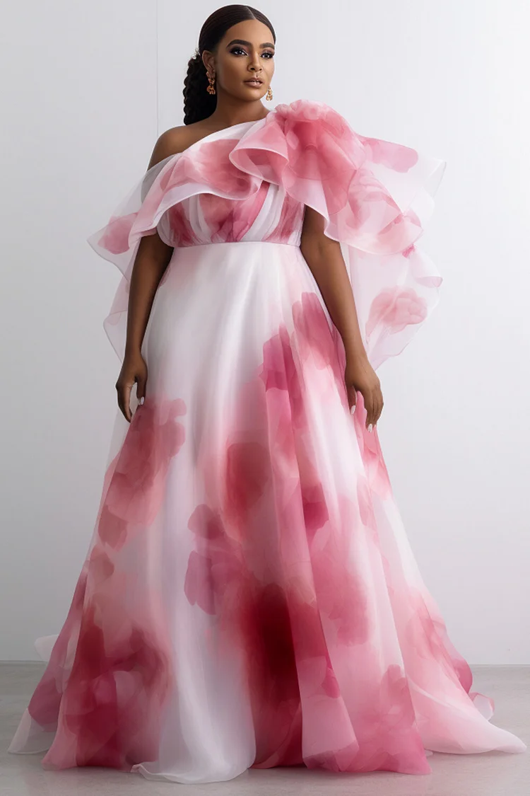 Xpluswear Design Plus Size Formal Pink Floral Oblique Collar Short Sleeve Pocket Tulle Maxi Dresses [Pre-Order] 2024 - Xpluswear
