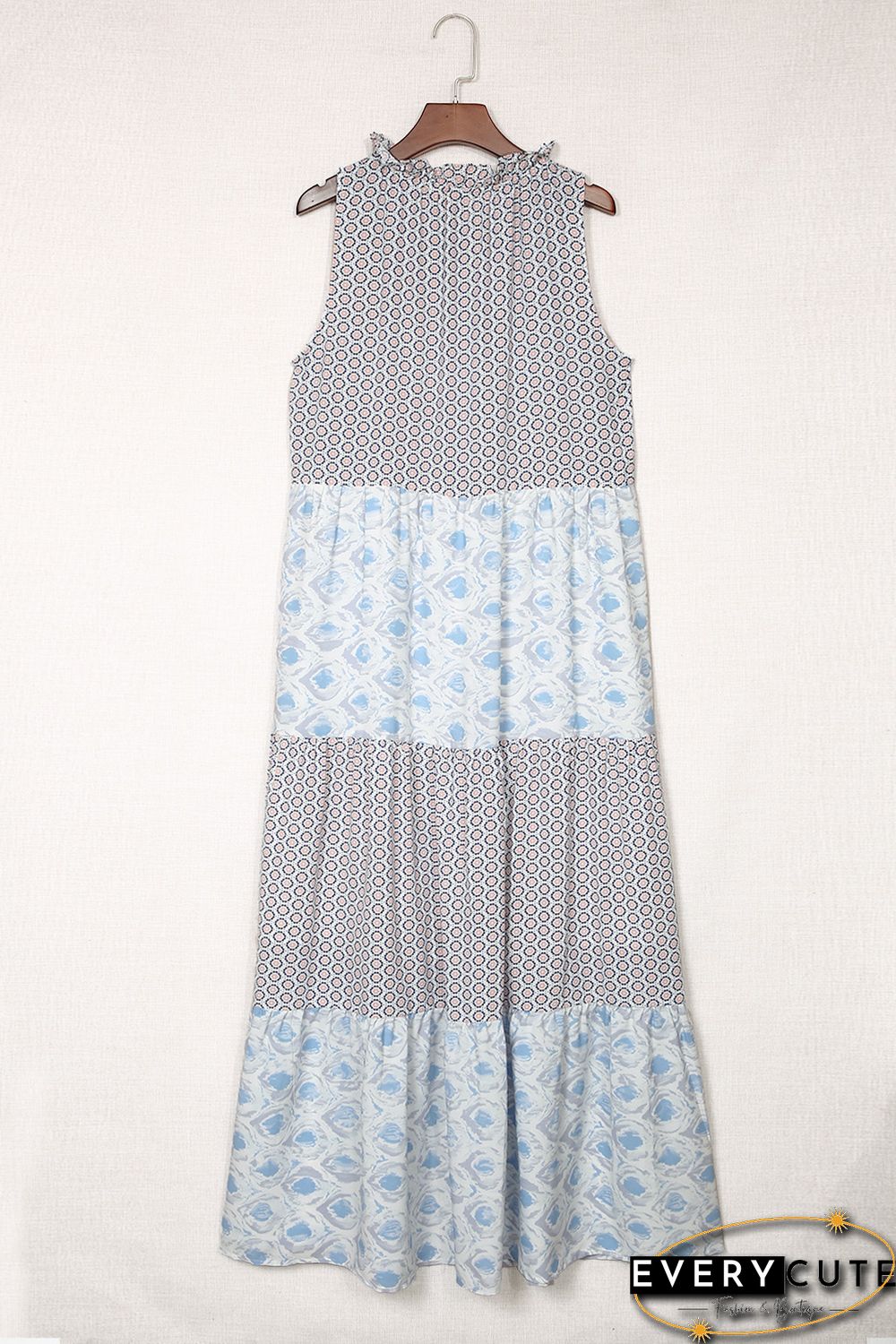 Sky Blue Abstract Print Split Neck Sleeveless Maxi Dress