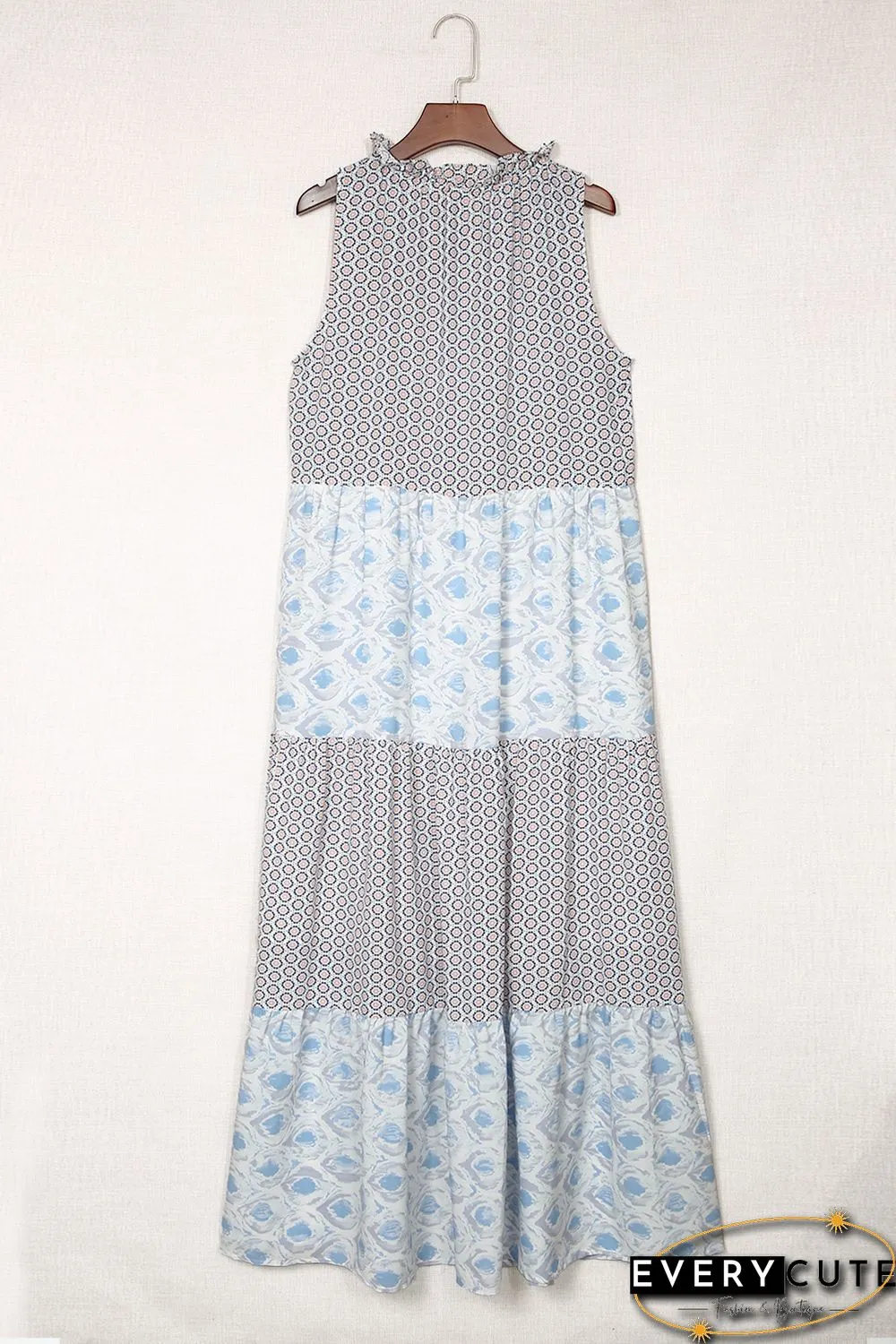 Sky Blue Abstract Print Split Neck Sleeveless Maxi Dress