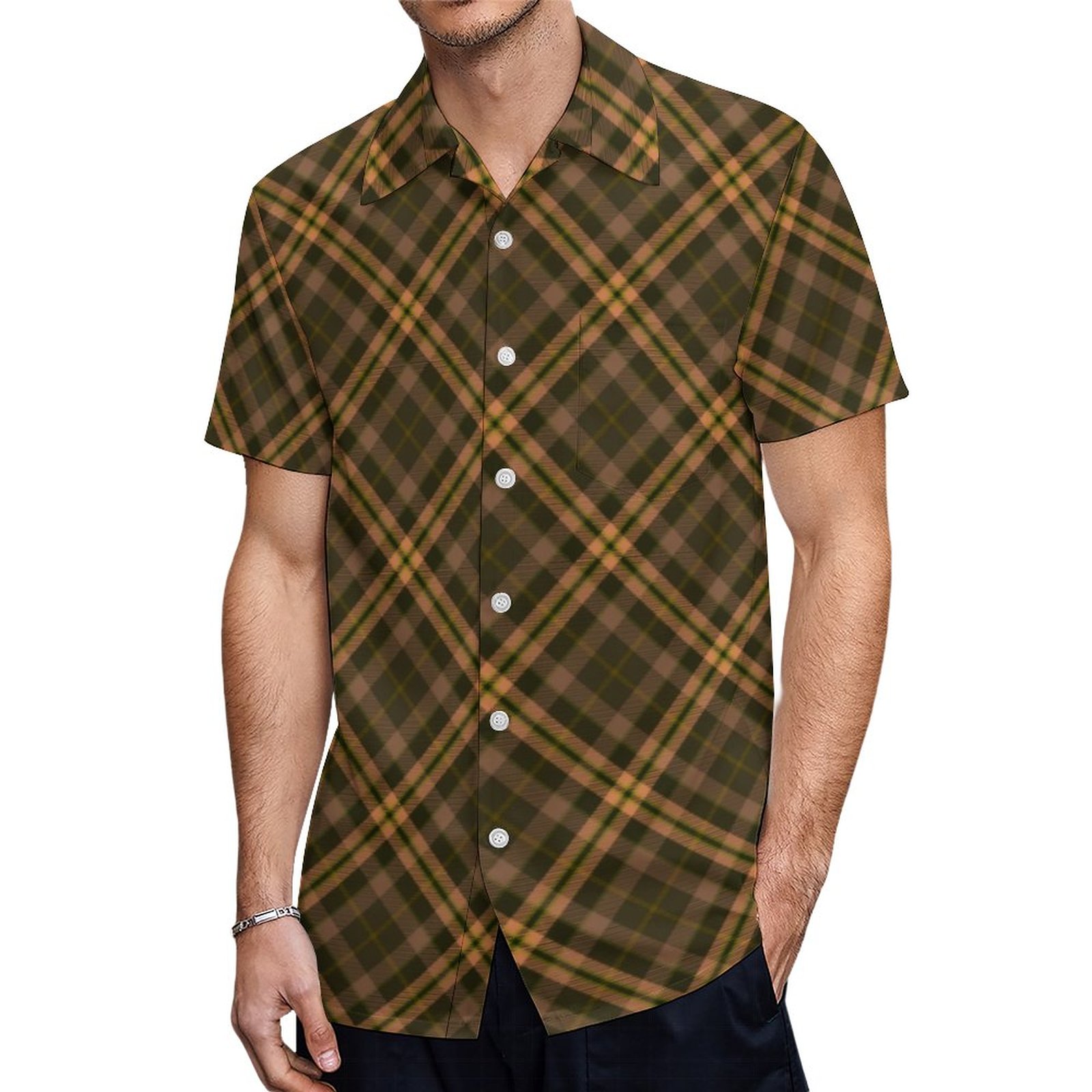 Light Brown Plaid Pattern Tartan Checkered Vintage Hawaiian Shirt Mens Button Down Tropical Hawaii Beach Shirts