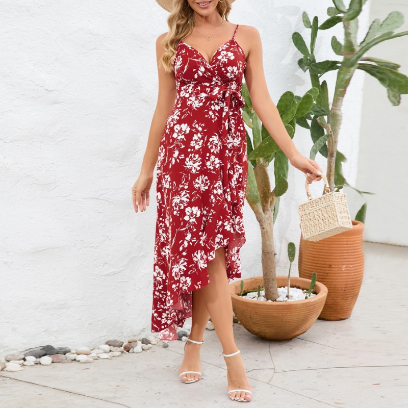 Summer Women's Floral Irregular Hem Beach Sling Long Dress | ARKGET