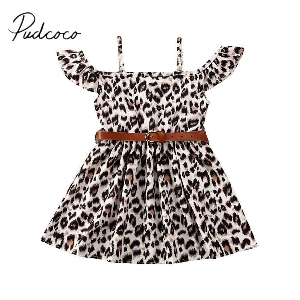 2020 Baby Summer Clothing Toddler Baby Girls Kids Party Princess Leopard Dress Casual Tutu Off Shoulder Dresses Sash Clothes