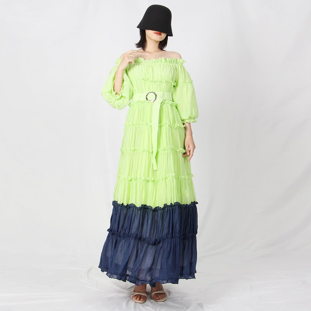 Cartoonh Vintage Colorblock Long Dress For Women Slash Neck Half Sleeve Patchwork Ruffles Dresses Female Clothes Fashion New