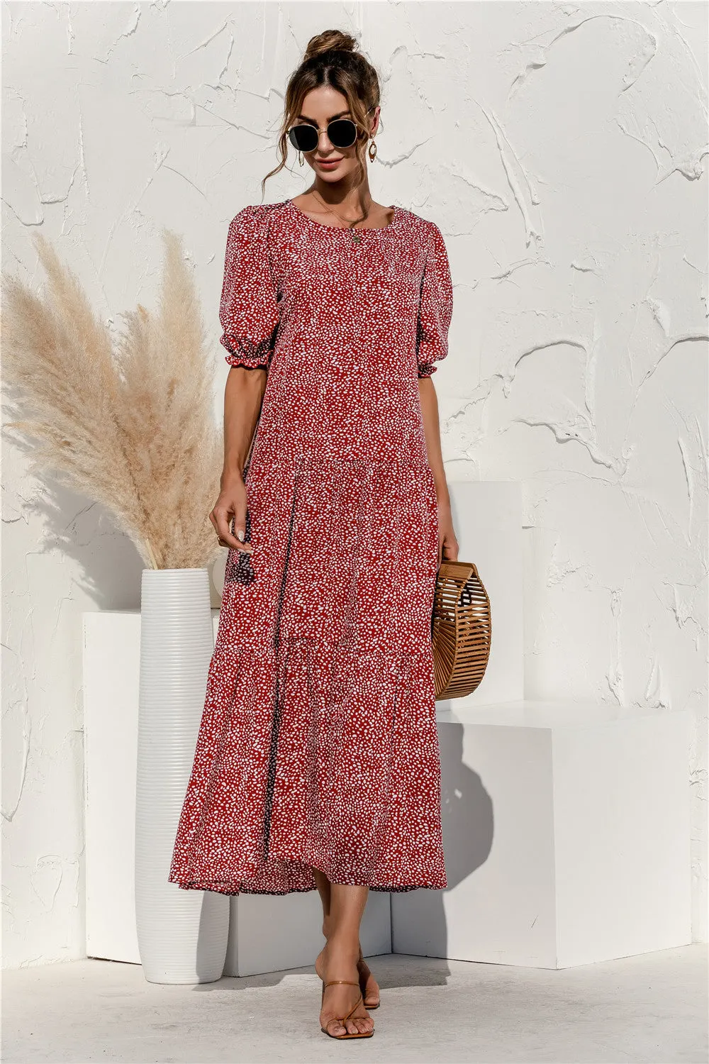 Brownm Sleeve Dot Plaid Urban Style Loose Stitching Long Dress
