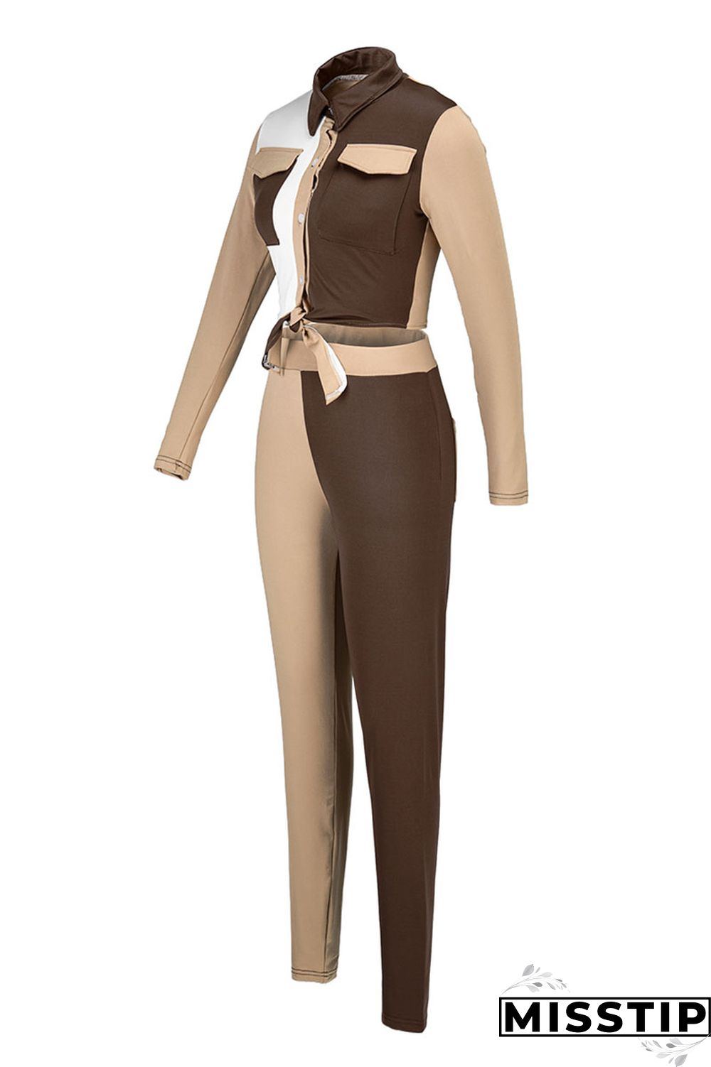 Blue Fashion Casual Patchwork Basic Turndown Collar Long Sleeve Two Pieces