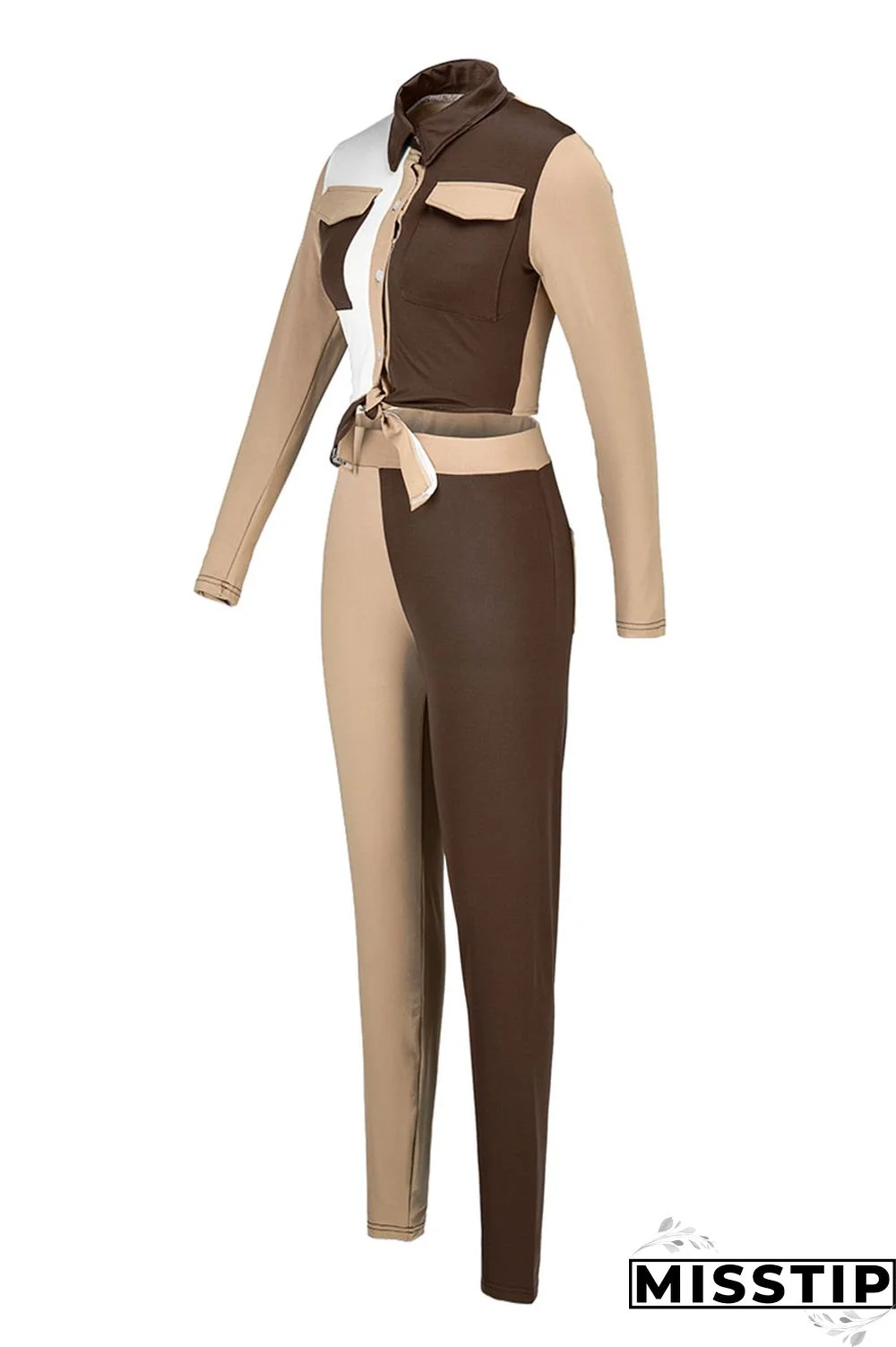 Blue Fashion Casual Patchwork Basic Turndown Collar Long Sleeve Two Pieces