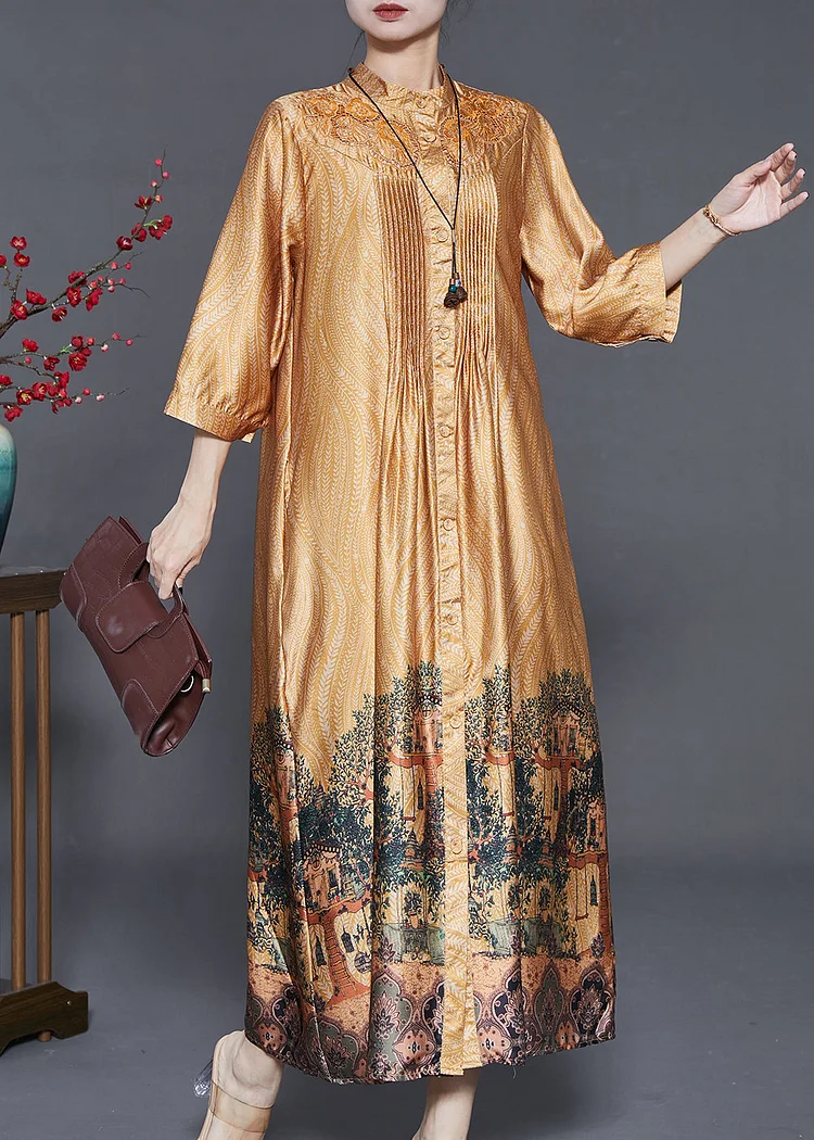 Elegant Yellow Hollow Out Print Wrinkled Silk Shirt Dresses Summer