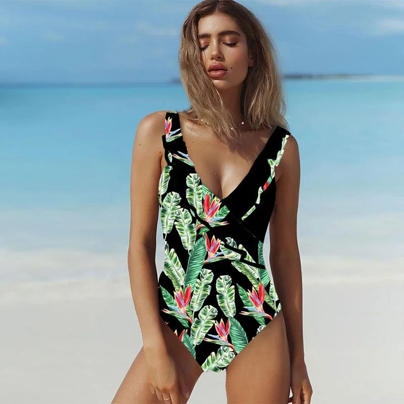 2020 Sexy Deep-V One Piece Swimsuit Female Women Vintage Retro Bathing Suit Shoulder Ruffle Swimwear Backles Beach Wear Monokini