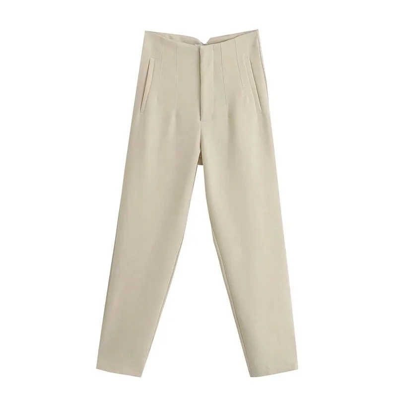 Za Women's Pants Office Ladies Blazer Harem Pant Pink High Waist Trousers Solid Loose Pant Khaki Elegant Fashion Pockets Beige