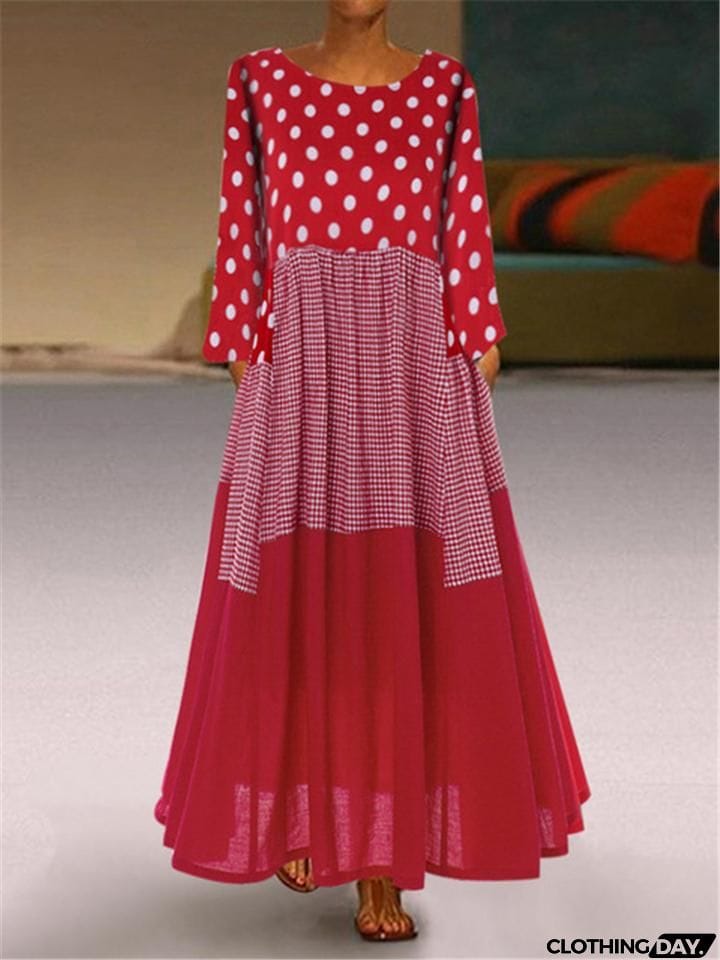 Vintage Style Scoop Neck Polka Dot Long Sleeve Pleated Maxi Dress