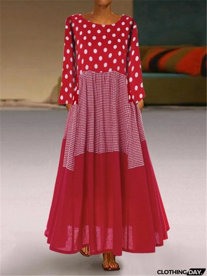 Vintage Style Scoop Neck Polka Dot Long Sleeve Pleated Maxi Dress