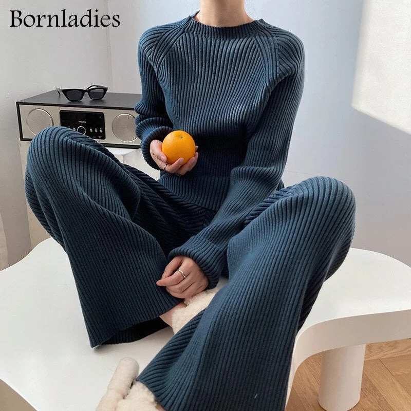 Bornladies Women Autumn Knitted 2 Piece Set Turtleneck Side Split Sweater Set Loose Casual Elastic Waist Pants Tracksuit