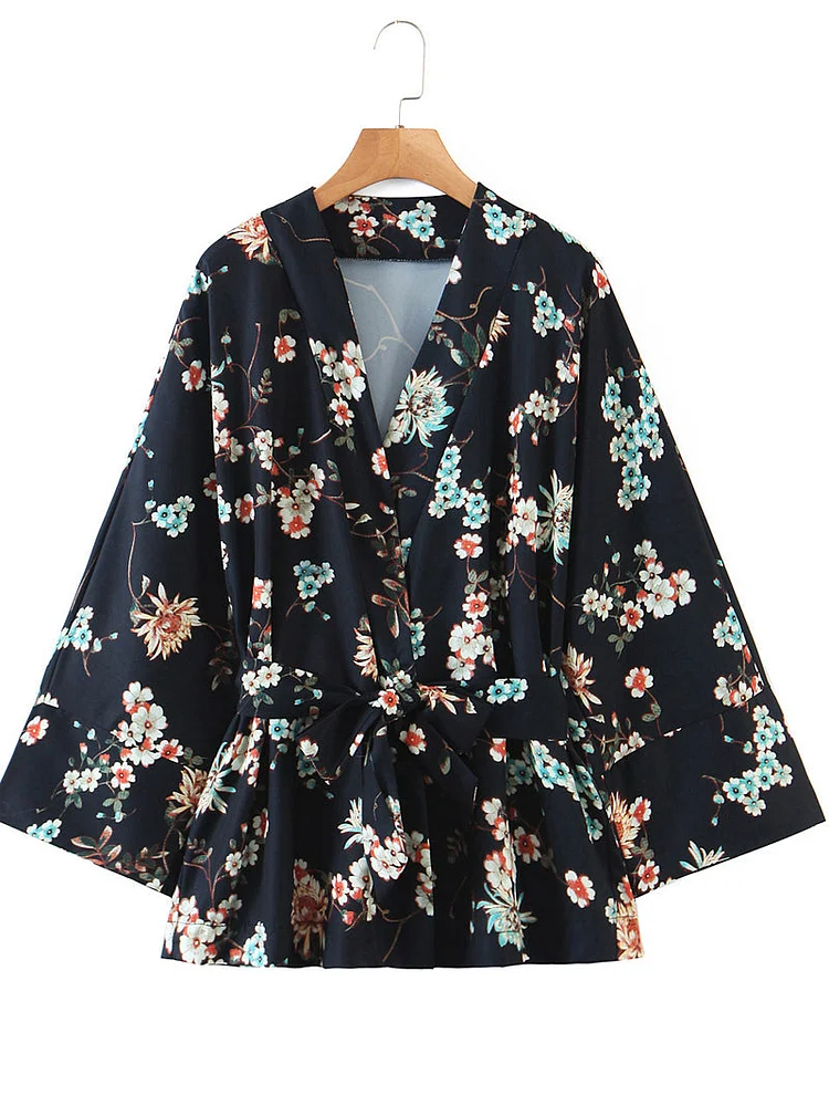 Casual Black Floral Printed Lace-up Long Sleeve Short Kimono 