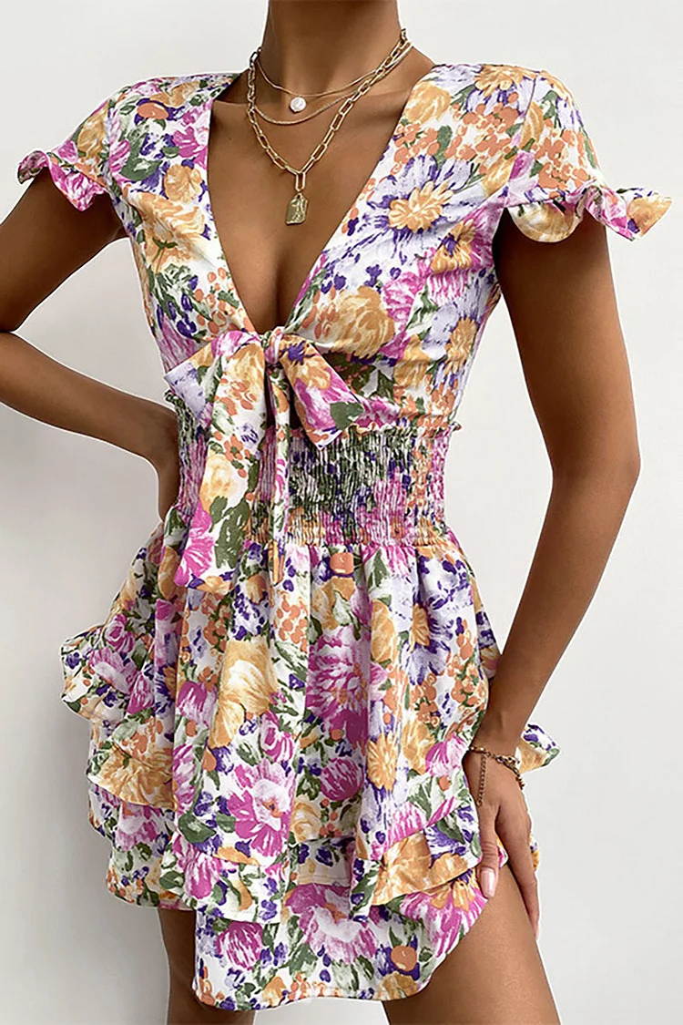 Deep V Neck Short Ruffle Sleeve Tied Up Ruched Floral Print Tiered Pleated Mini Dresses