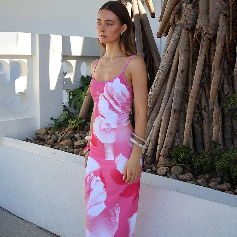 Ootddress Contrast Spaghetti Slim Maxi Dress Female Printed Off-Shoulder Fashion Holiday Beach Dress Patchwork Summer Party Dress