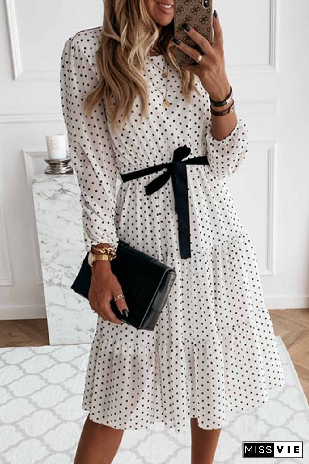 Elegant Dot Print Round Neck Tie Midi Dress
