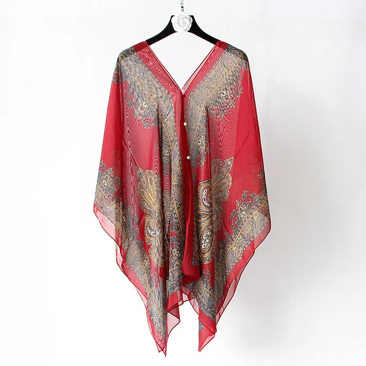 Casual Red Silk Geometry Print Pearl Decoration Beach Shawl Scarves  Flycurvy [product_label]