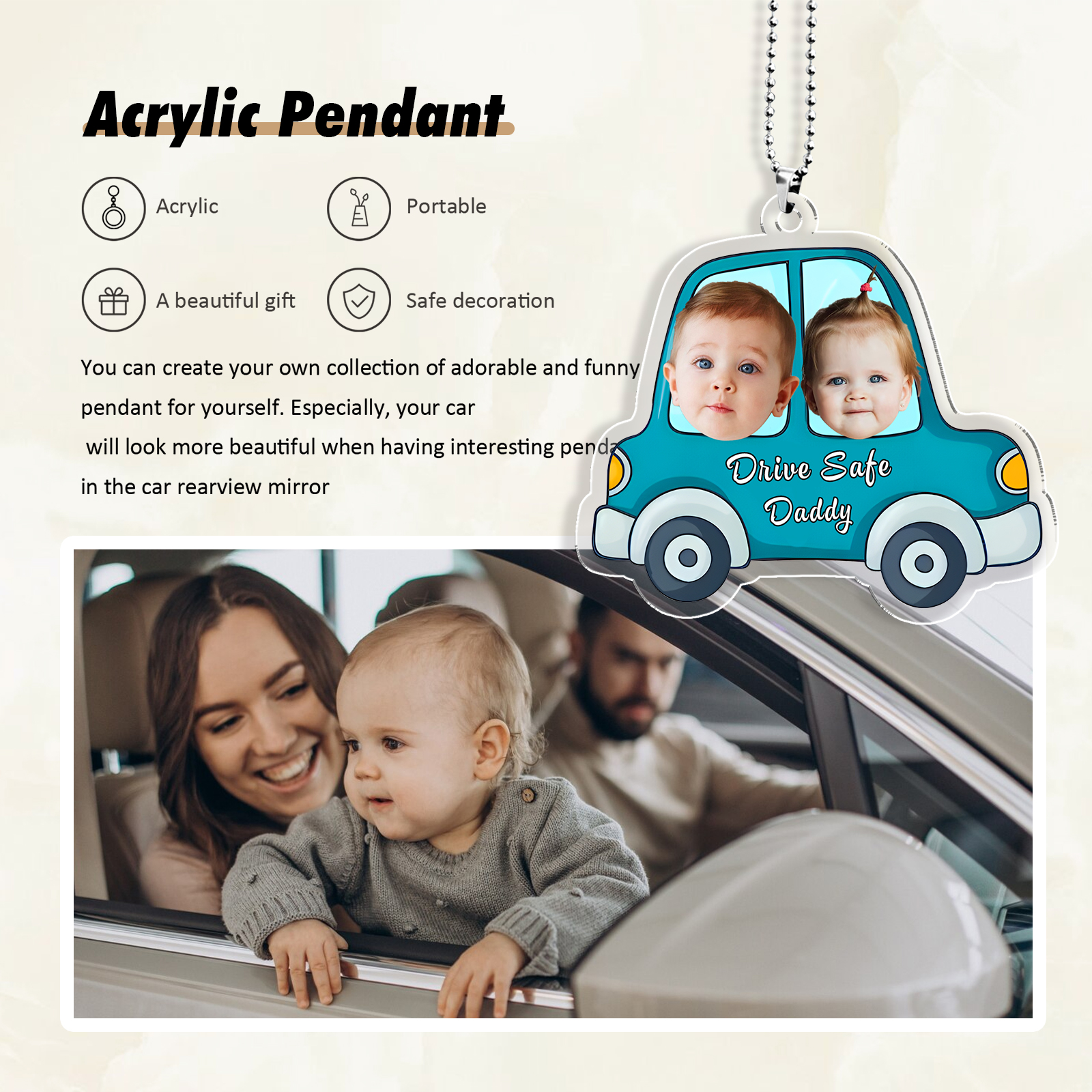 Personalised Blue Car Acrylic Hanging Ornament Custom 2 Photos & 1 Text & 1 Name Keychain Pedant Gift for Mom/Dad-Jessemade AU