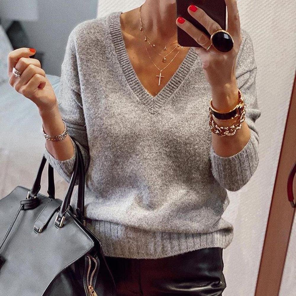 Basic V-Neck Plain Long Sleeve Sweater