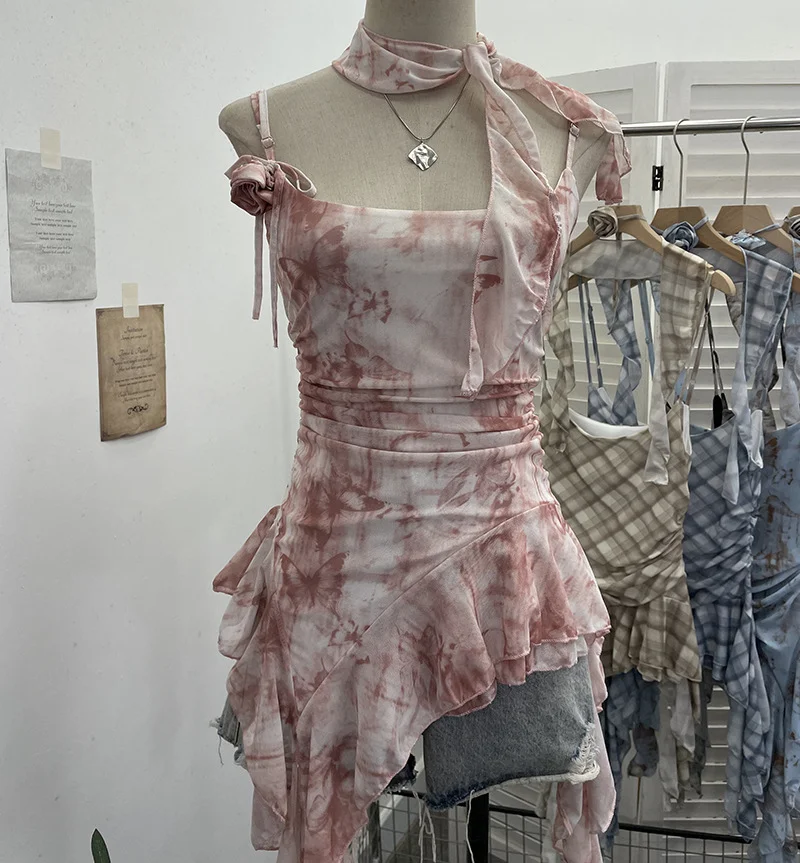 Uveng Real Shooting Retro Tie-Dye-Print Mesh Sling Sling Sling Vest Irregular Lotus Leaf Edge Ribbon Sleeveless Top 1185