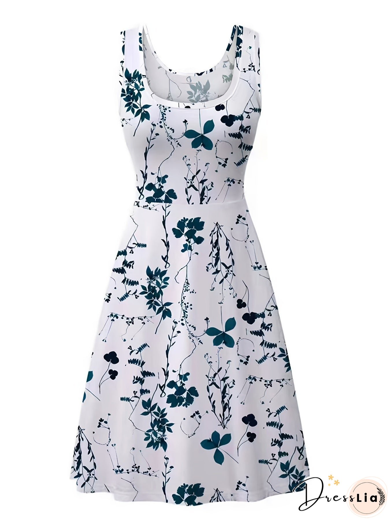 Plus Size Elegant Dress, Women's Plus Floral Print Round Neck Medium Stretch Tank Dress
