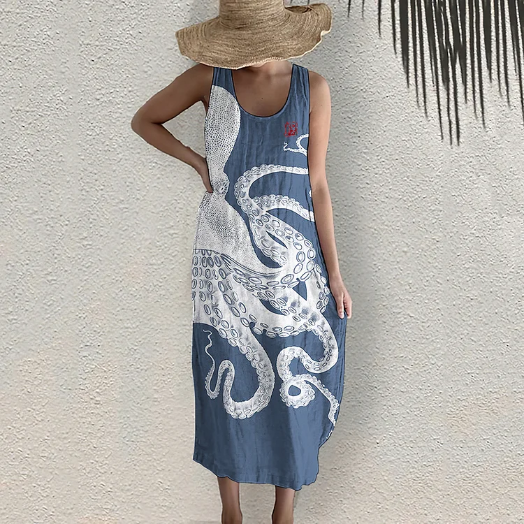 VChics Japanese Art Octopus Print Sleeveless Midi Dress