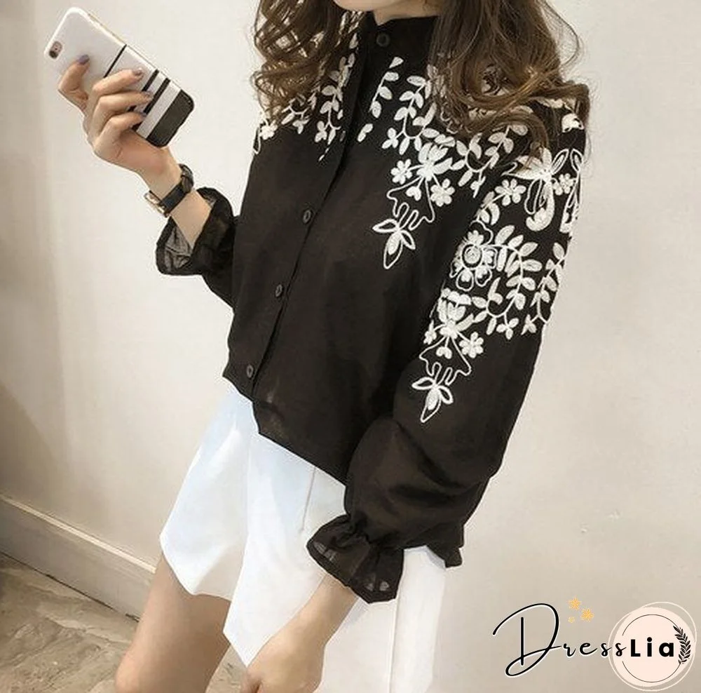 Spring New Fashion Female Clothing Embroidery Blouse Shirt Cotton Korean Flower Embroidered Tops Korean Style Fresh Shirt 529E