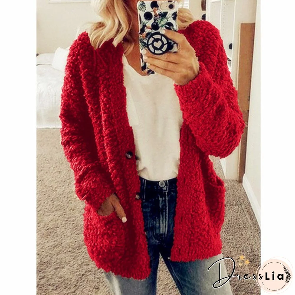Women Winter Fashion Loose Long Sleeve Solid Color Plush Cardigan Sweater Coat Tops Button Casual Outwear XS-5XL