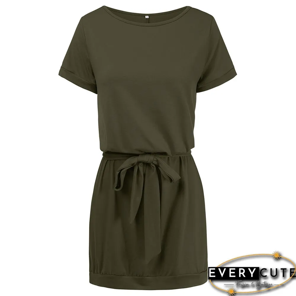 Army Green Solid Tie Waist Short Sleeve Mini Dress