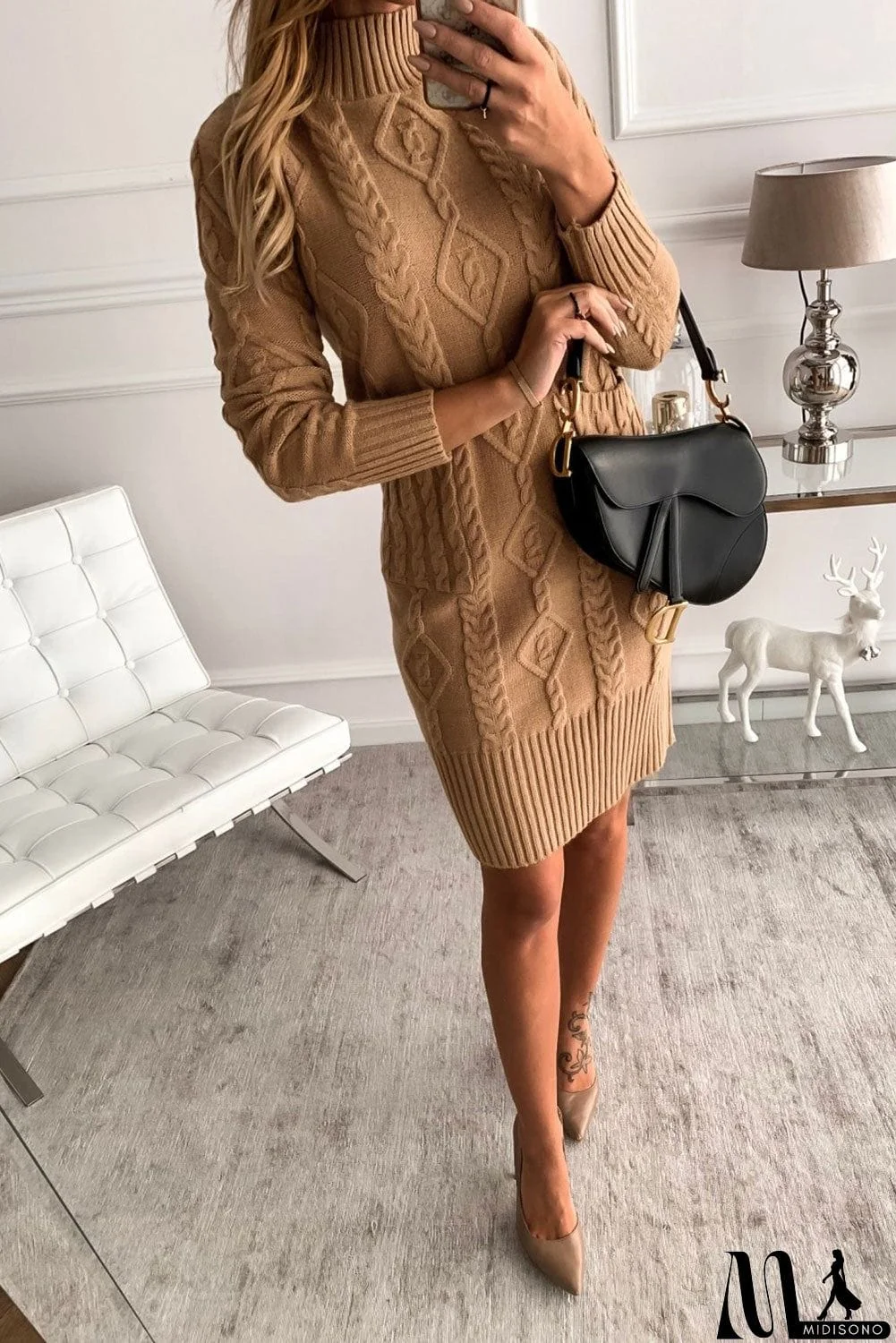 MidiSono - Beige High Neck Textured Bodycon Sweater Dress