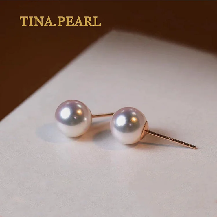 TINA Jewelry Akoya Seawater Pearl Earrings 18K Gold Pearl 6.5-9.5mm
