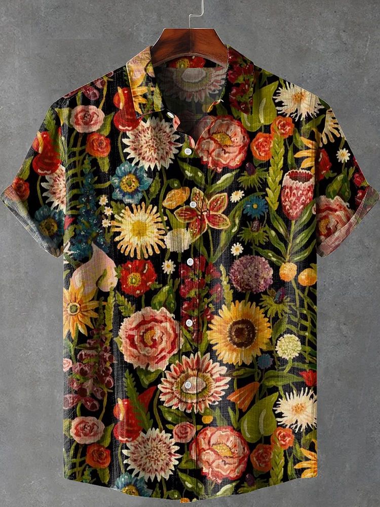 Retro Flowers Art Print Lapel Casual 100% Cotton Shirt
