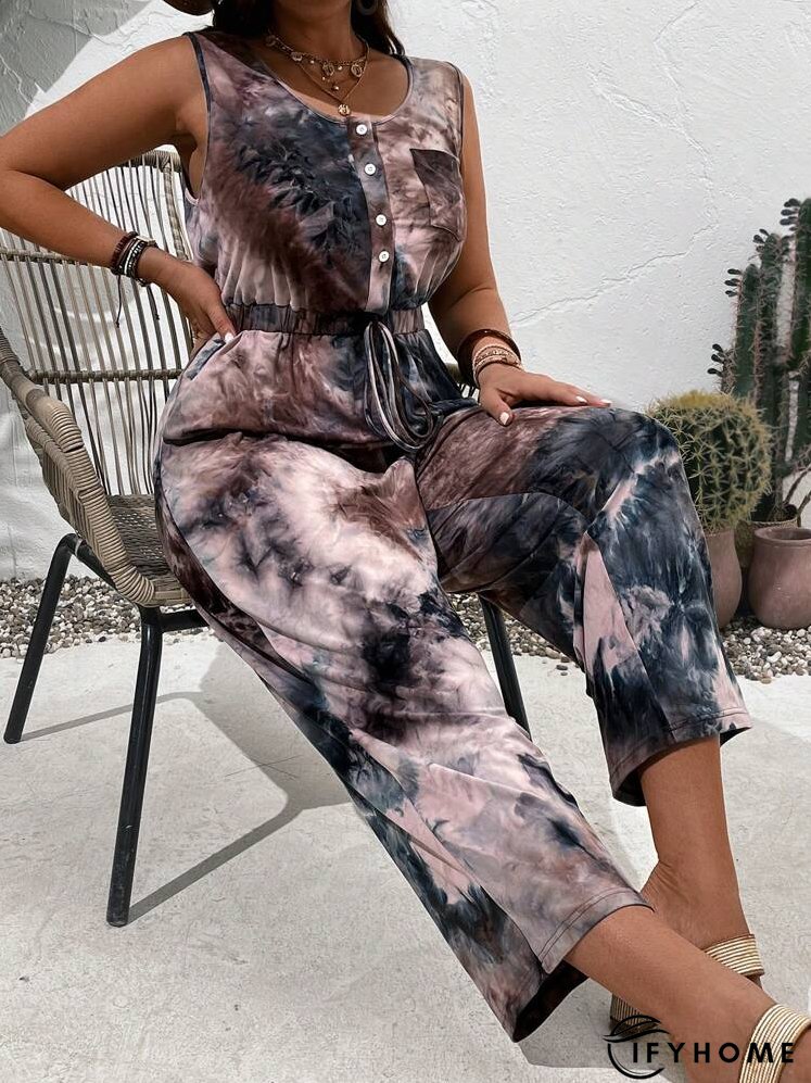Plus Size Round Neck Single-Breasted Sleeveless Jumpsuit, Perfect For Vacation And Casual Wear | IFYHOME
