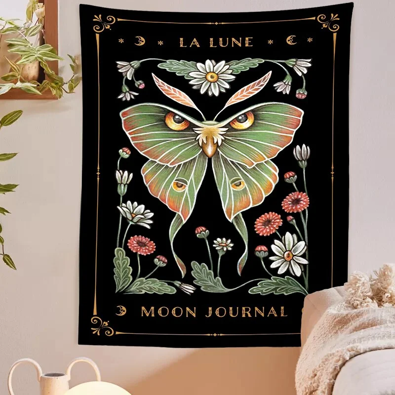 Sun Moon Moth Tapestry Wall Hanging Moon Phase Wall Art Cottagecore Decor Mystical Moth Witch Dorm Room Wall Decor Boho Decor