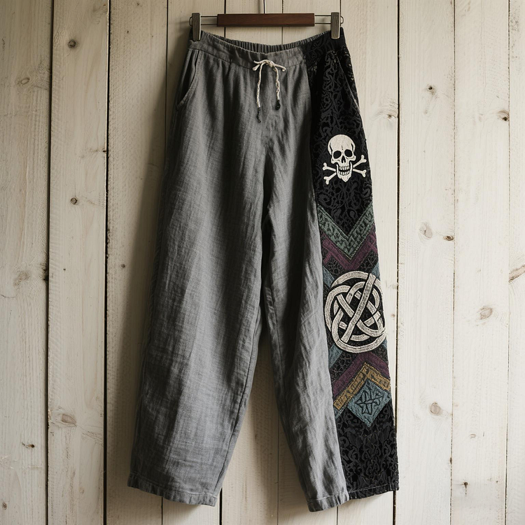 Men's Tribal Ethnic Patchwork Skull Graphics Linen Pants