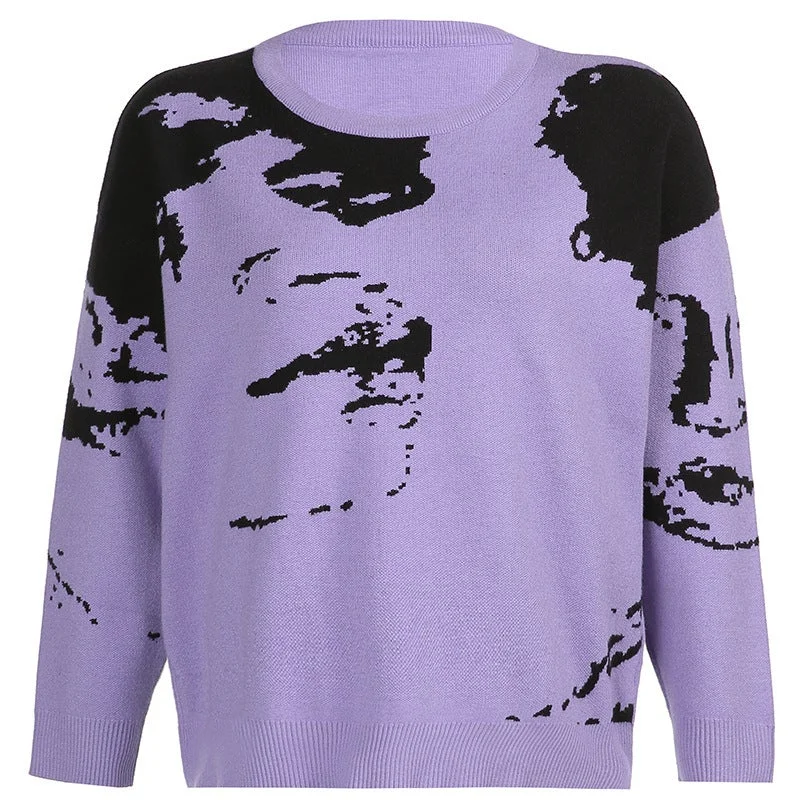 Portrait Printed Contrast Round Neck Loose Sweater