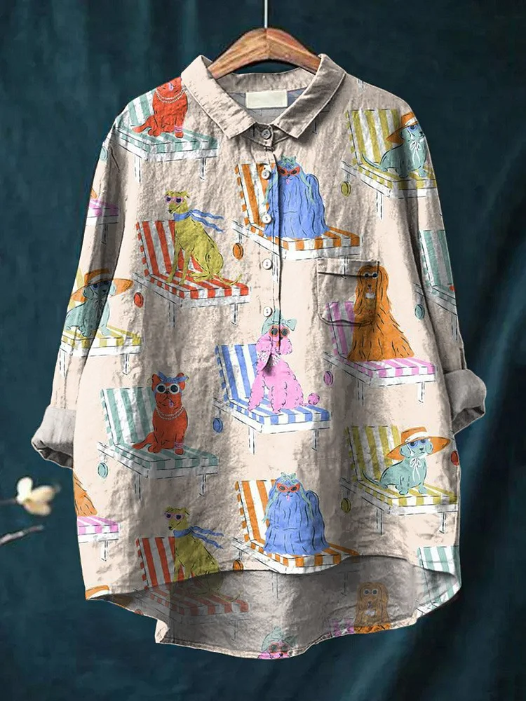 Vintage Lovely Dogs Art Print Casual Cotton And Linen Shirt
