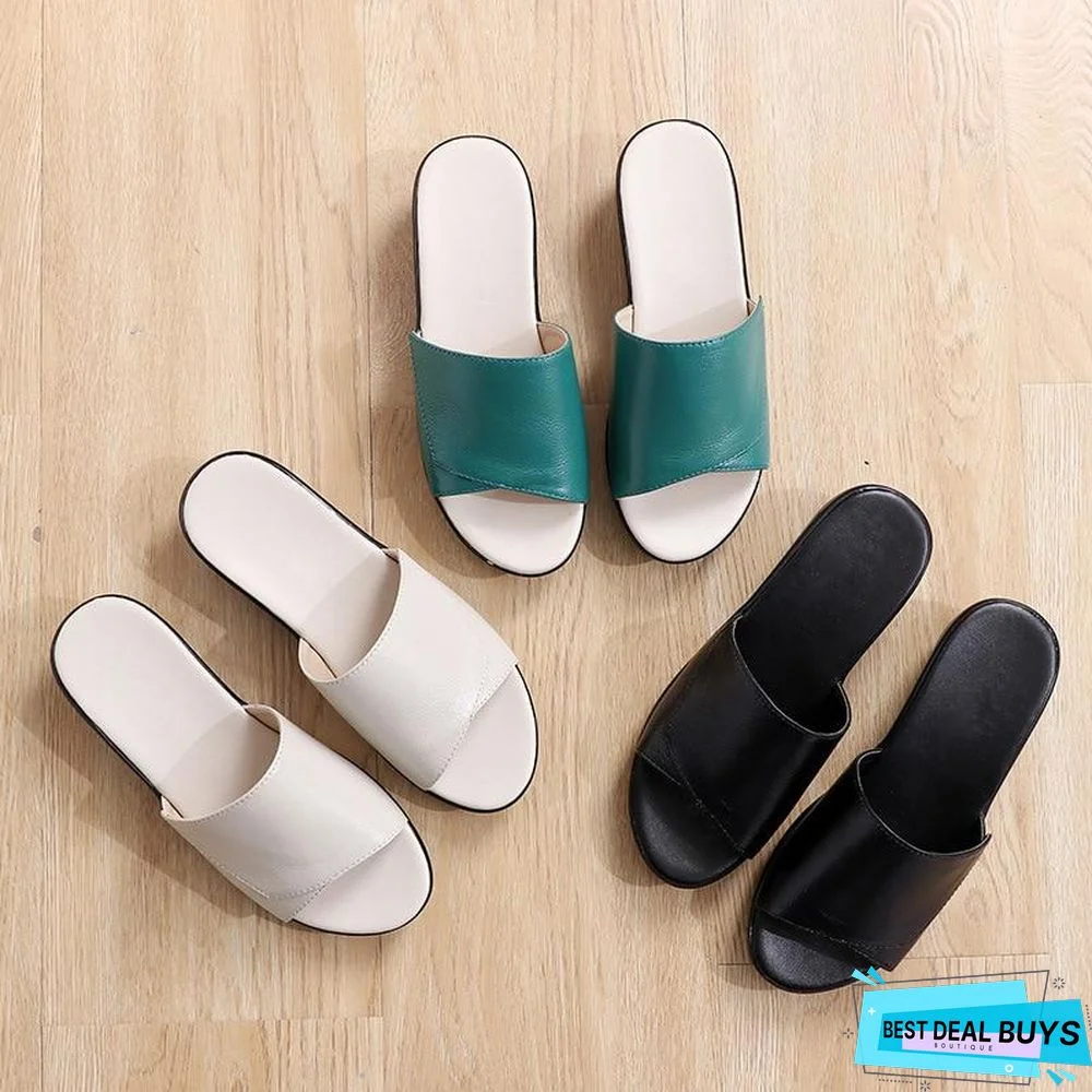 Women Genuine Leather Flip Flops Wedges Platform Sandals Shoes