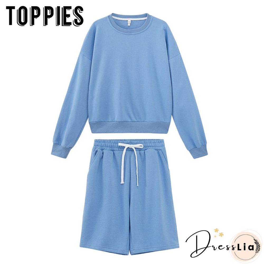 toppies Women Two Piece Set Tracksuits O-neck Sweatshirts Elastic High Waist bermuda shorts solid color