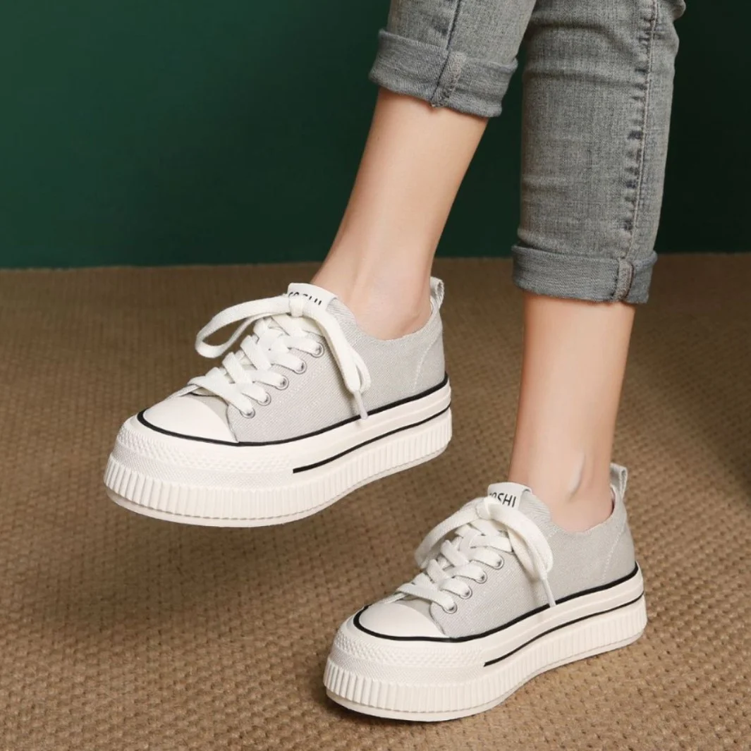 Yyvonne Spring And Summer New Thick-Bottomed Canvas Shoes Women's Round Head Casual Single Shoes Shallow Low Help Small White Shoes