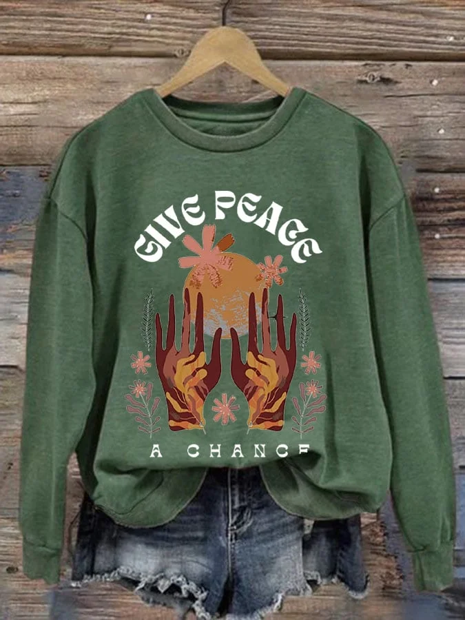 Give Peace a Chance Women's Hippie Print Long Sleeve Sweatshirt socialshop