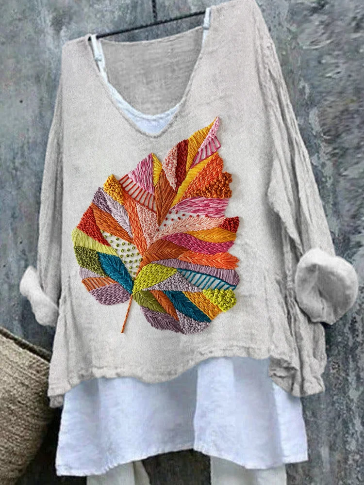 Comstylish Colorful Leaves Embroidery Pattern Linen Loose Top