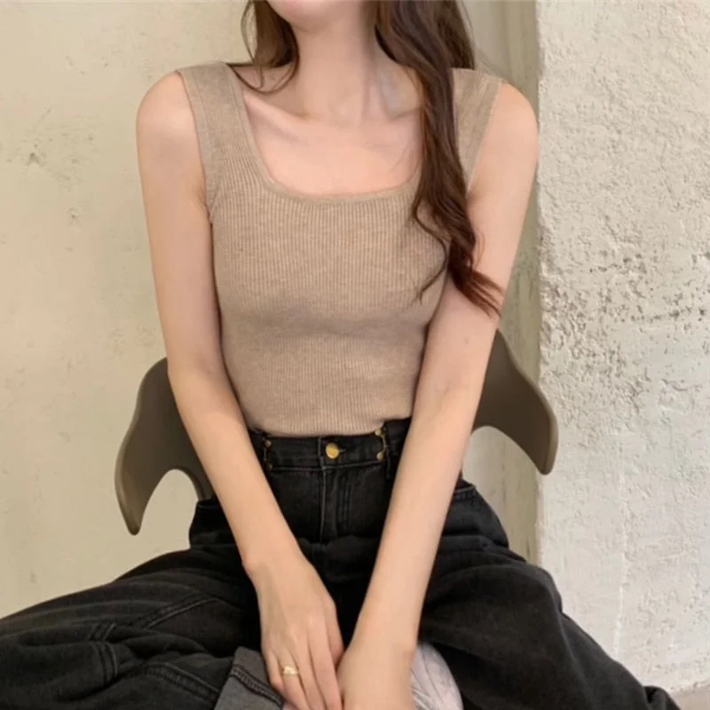 AOSSVIAO Sexy Square Neck Tank Tops Women Summer 2021 Clothing White Basic Shirt Ribber Knit Casual Slim Tops Women