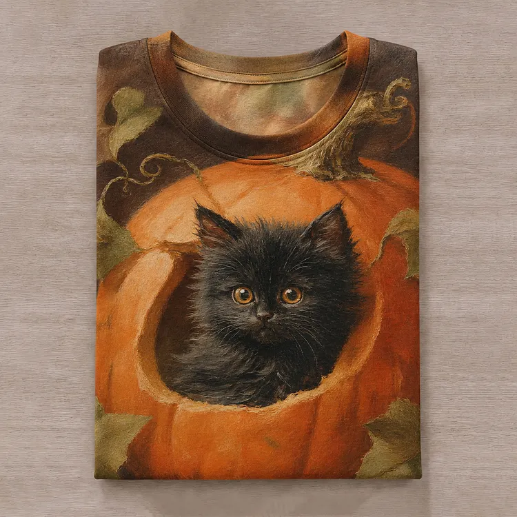Women's Funny Cute Halloween Pumpkin And Cat Print Crew Neck Short Sleeve T-shirt